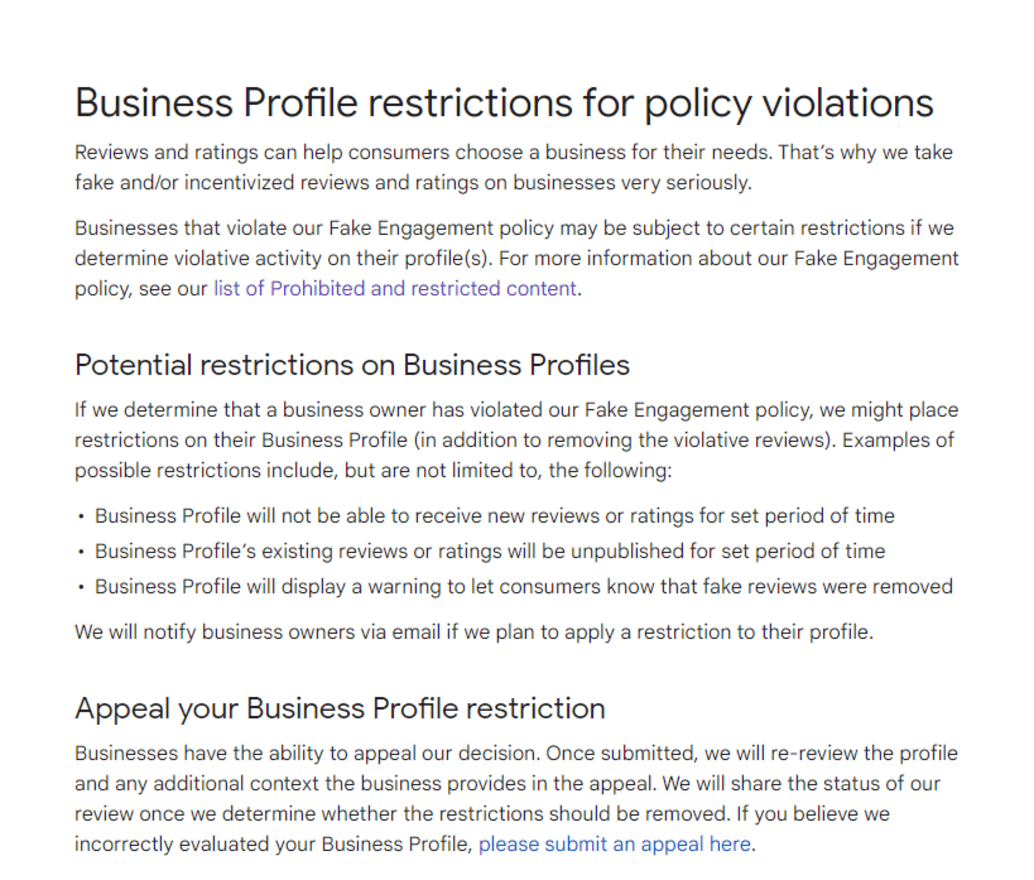 Google Business Profile Restrictions Google's business profile restrictions for policy violations