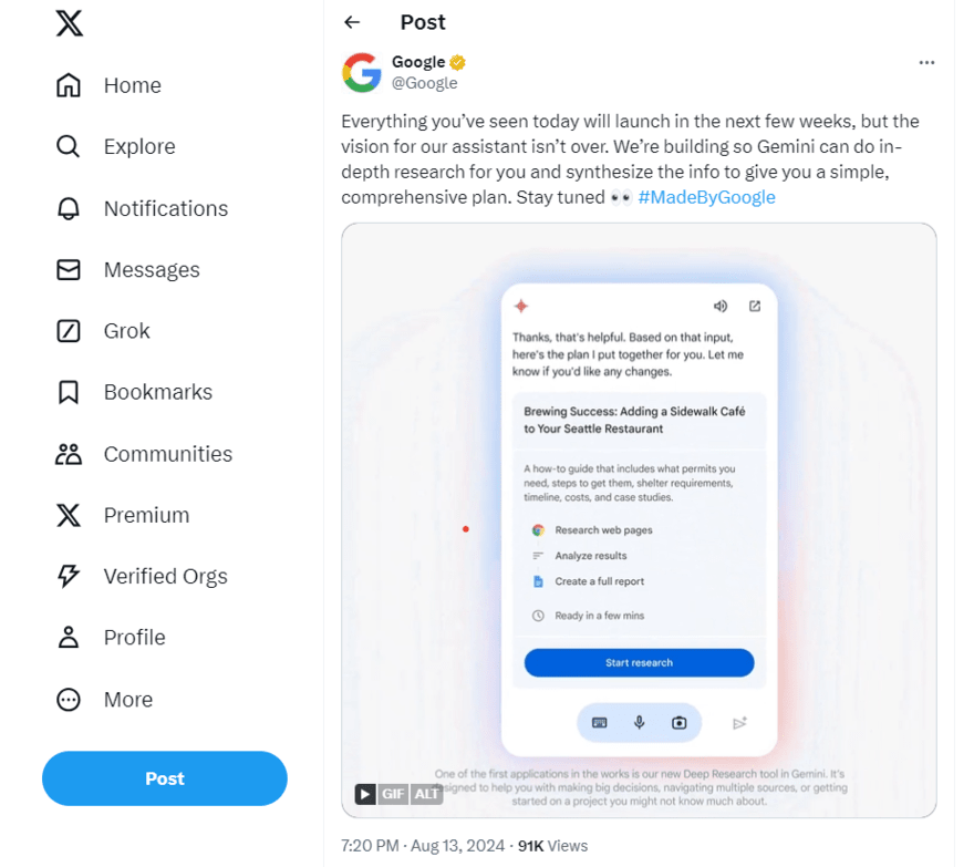 Google Gemini research tweet Tweet from Google's X account to announce Gemini Research feature