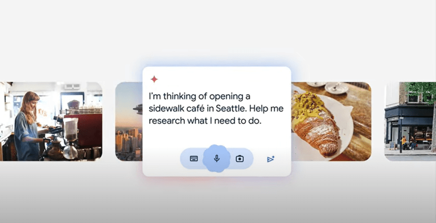 Google Gemini Research Promo for Google's Gemini research feature showing a prompt about opening a cafe in Seattle and needing research