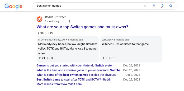 Google Reddit snippet test Reddit snippet test example in Google search result for "best switch games"