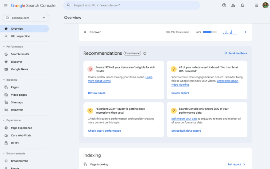 Google Search Console SEO recommendations example Google Search Console SEO recommendations in the overview tab