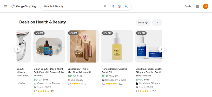 Google Shopping Attributes Screenshot of Google Shopping results for beauty products with star ratings and discounts