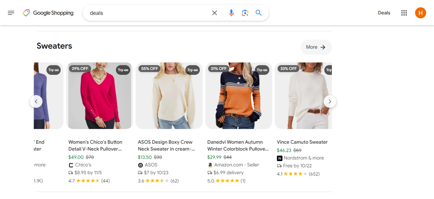 Google Shopping Deals Screenshot of Google Shopping's Deals page with recommended sweaters