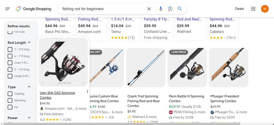 Google Shopping Search Screenshot of Google Shopping search results for fishing rods with category filters to tick