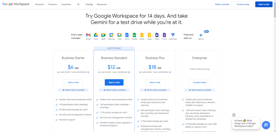 Google Workspace Email Pricing Screenshot showing Google Workspace pricing tiers including Business Starter, Standard, Plus, and Enterprise options.