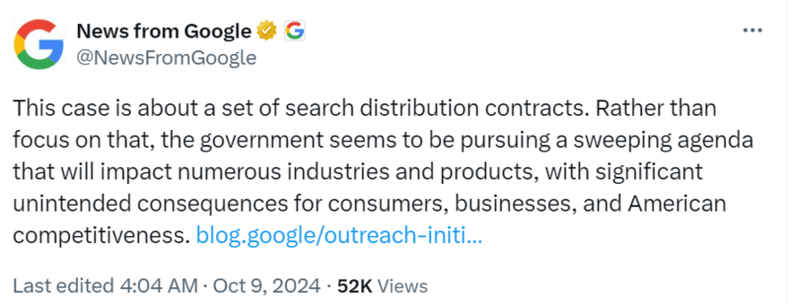 Google X post Post on X by @NewsFromGoogle about the DOJ proposals