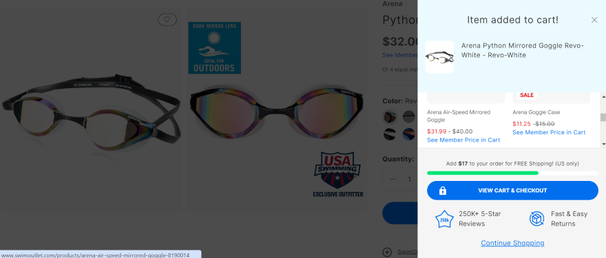 Googles Upselling Swim Outlet Screenshot of a cart screen on Swim Outlet that showcases related products.