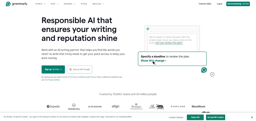 Grammarly Strong UVP Example Screenshot of Grammarly's homepage showcasing their unique UVP "Responsible AI that ensures your writing and reputation shine".