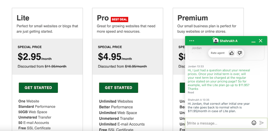 GreenGeeks Live Chat GreenGeeks pricing page with a live chat box open to the right displaying an ongoing conversation.