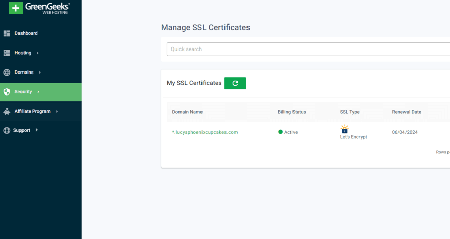 GreenGeeks SSL certificate GreenGeeks hosting dashboard showing security settings to manage SSL certificates