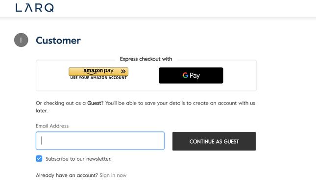 guest checkout on Larq website ecommece best practice - guest checkout example