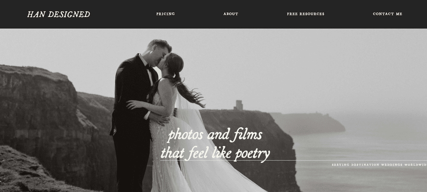 Han Designed homepage Homepage for photography website Han Designed, featuring an image of a couple getting married