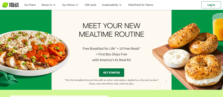 Hello Fresh Homepage Design Screenshot of Hello Fresh' homepage design with meal photos, a headline, and call to action button