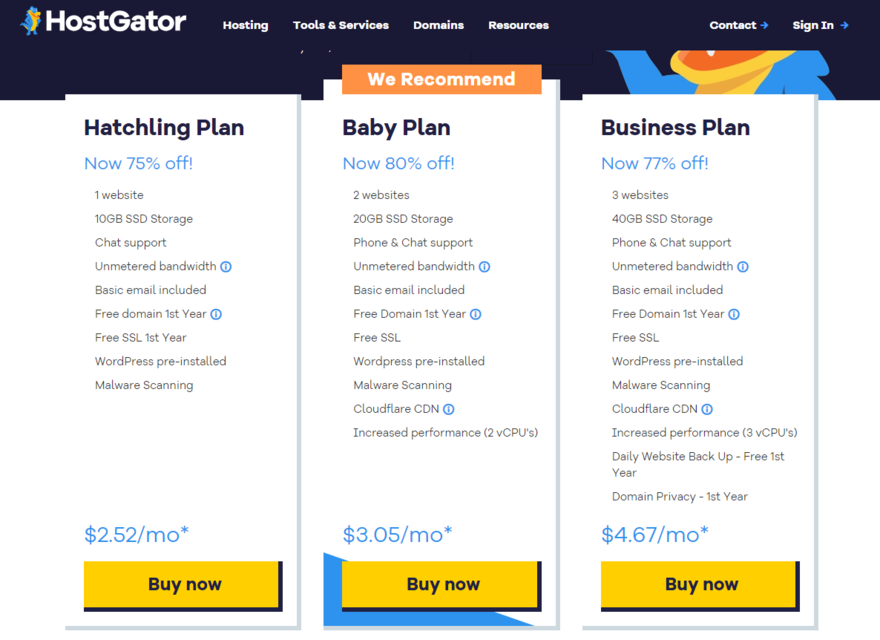 HostGator shared hosting price plans HostGator three shared pricigin plans and features