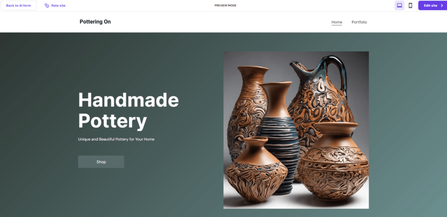 Hostinger AI builder (3) Preview of Hostinger's AI website builder creation for a pottery business