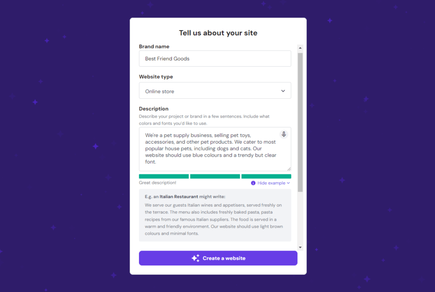 Hostinger AI builder onboarding Hostinger AI builder form to create a website
