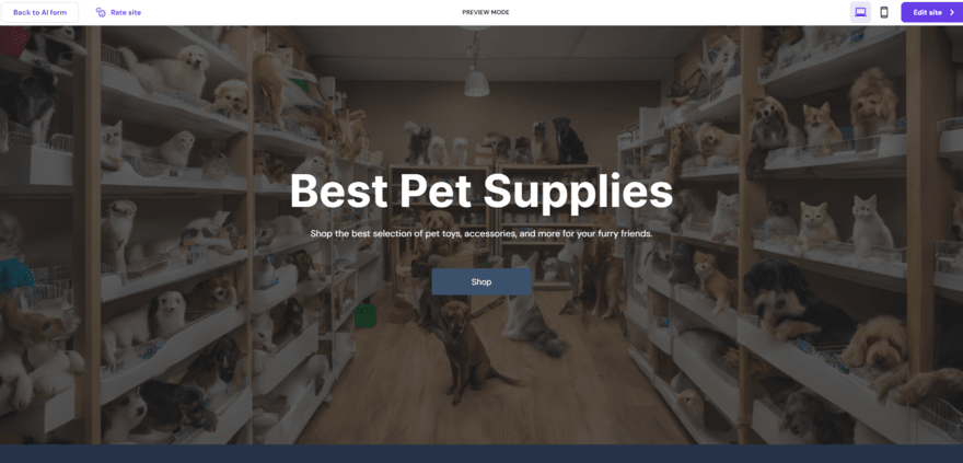Hostinger AI builder preview Hostinger AI builder preview for a pet supply store, showing a homepage with a large AI-generated image of pets on shelves