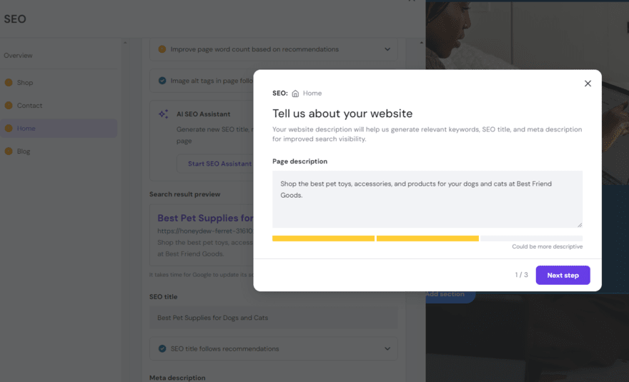 Hostinger AI SEO Assistant Hostinger's AI SEO Assistant asking for a prompt to describe the page