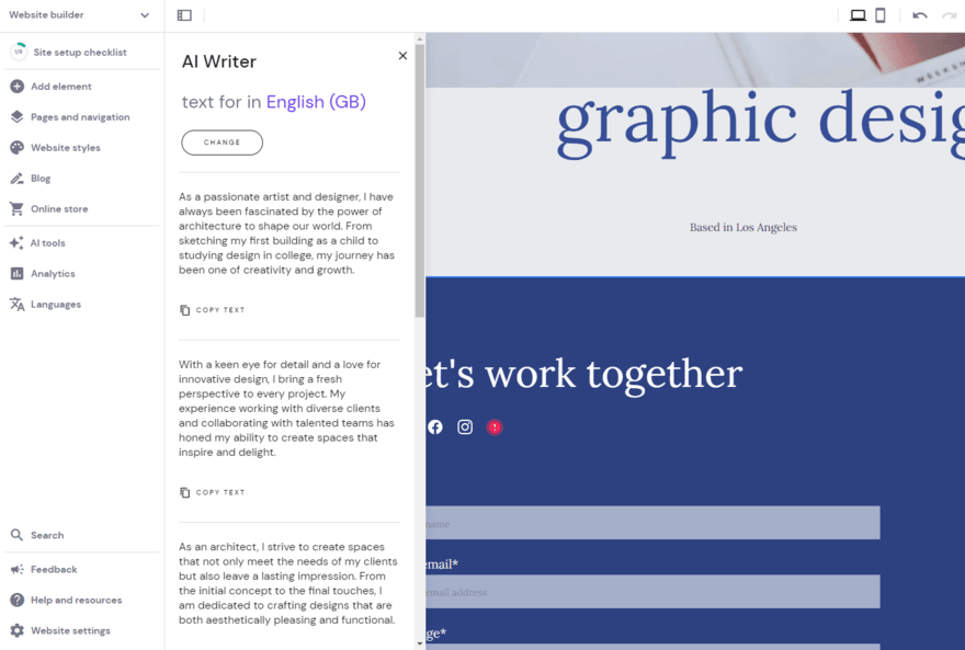Hostinger AI text Hostinger's AI text generator in use in the website editor