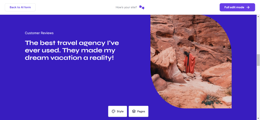 Hostinger AI Website Builder Travel Page A travel website demo made using Hostinger's AI generator. It's professional, but quite simple.