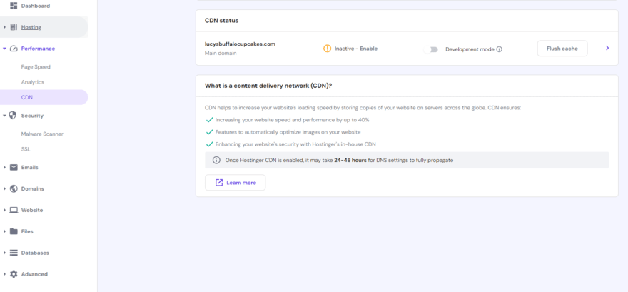 Hostinger CDN Hostinger's website CDN settings
