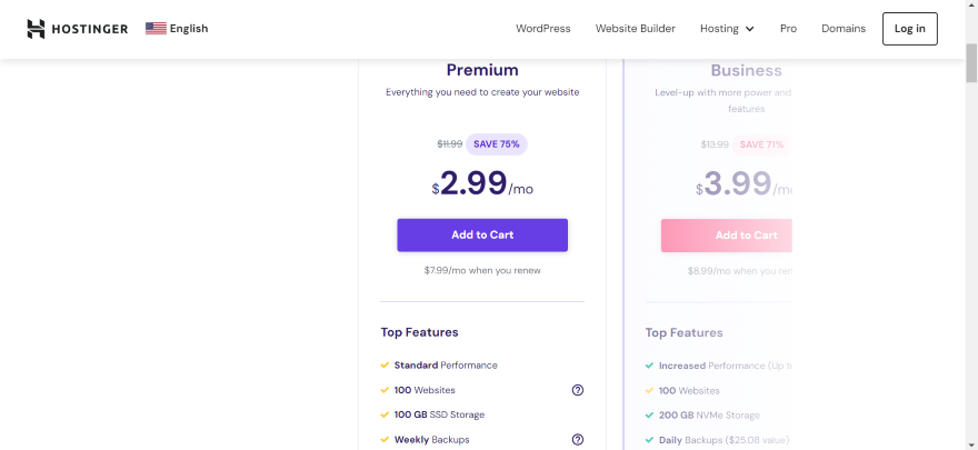 Hostinger Cheapest Pricing Plan Two website builder plans with features for Hostinger's web builder package.