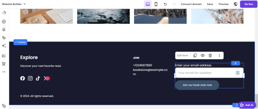 Hostinger footer Hostinger website footer in the editor view