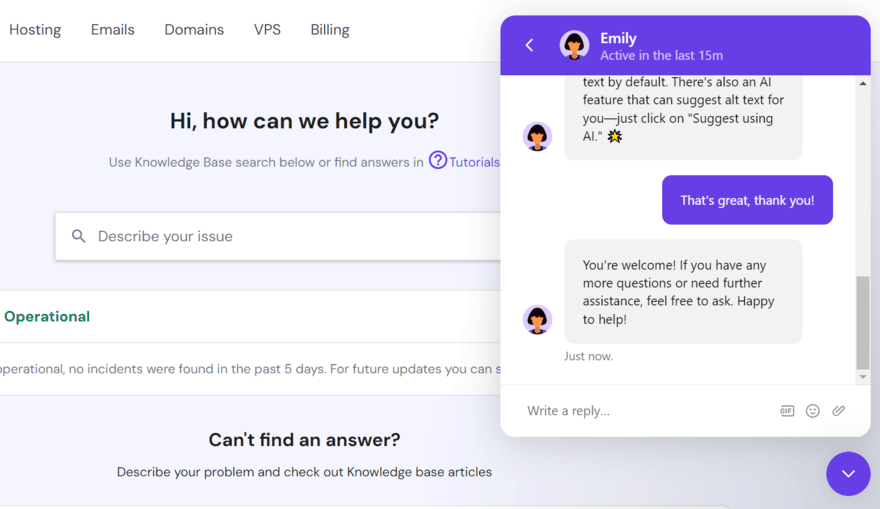 Hostinger live chat Hostinger live chat pop up box answering a query about image alt text