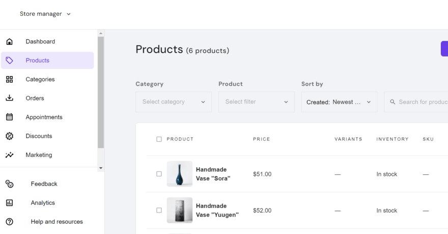 Hostinger products dashboard Hostinger website dashboard showing the inventory page