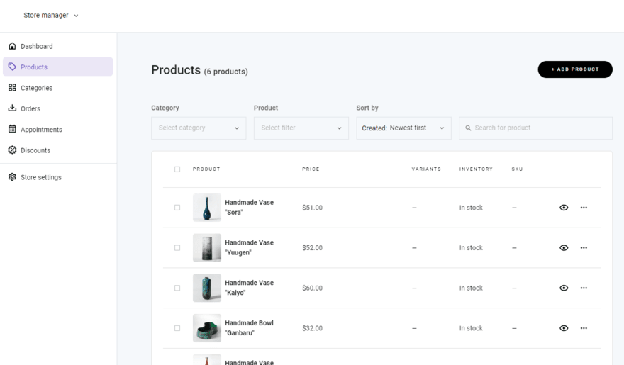 Hostinger store manager Hostinger's store manager dashboard showing a list of products and pricing