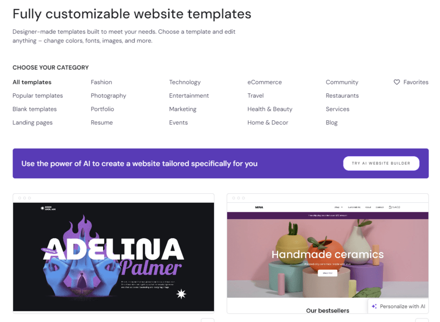 Hostinger templates Hostinger website template library, showing category filters and two images of templates
