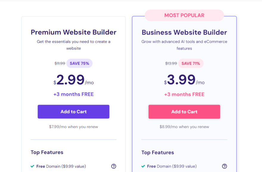 Hostinger website builder plans Hostinger's two website builder plans and pricing