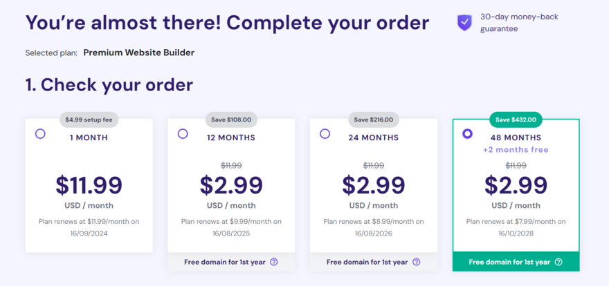 Hostinger website builder premium plan pricing Hostinger pricing and subscription lengths for the Premium Website Builder plan