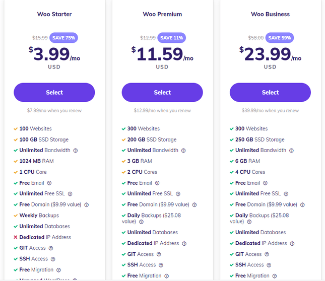 Hostinger WooCommerce Hosting Hostinger prices in three rectangles with blue "select" buttons