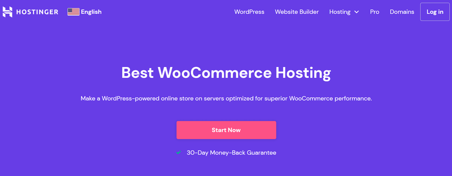 Hostinger WooCommerce Purple web page with a pink button for WooCommerce Hosting