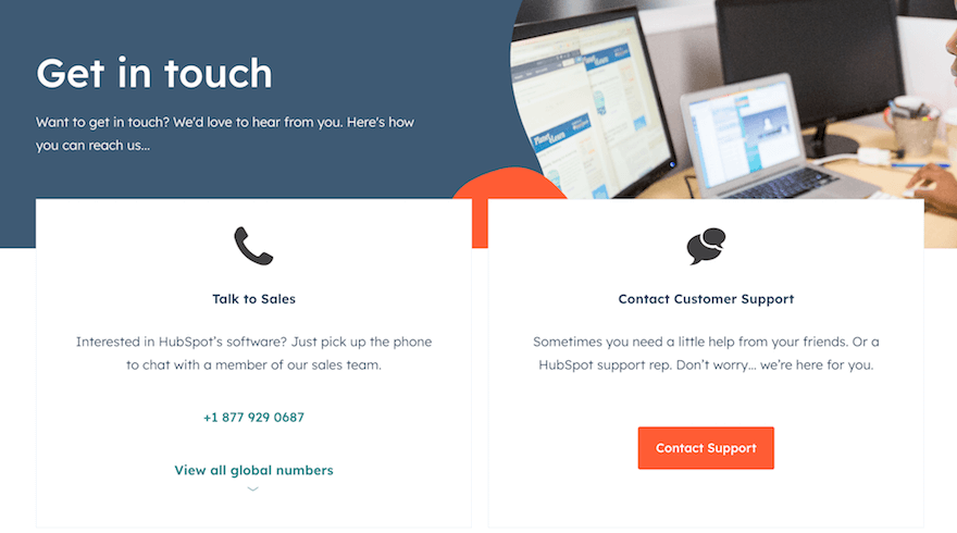HubSpot contact us page screenshot HubSpot contact us page phone and chat options