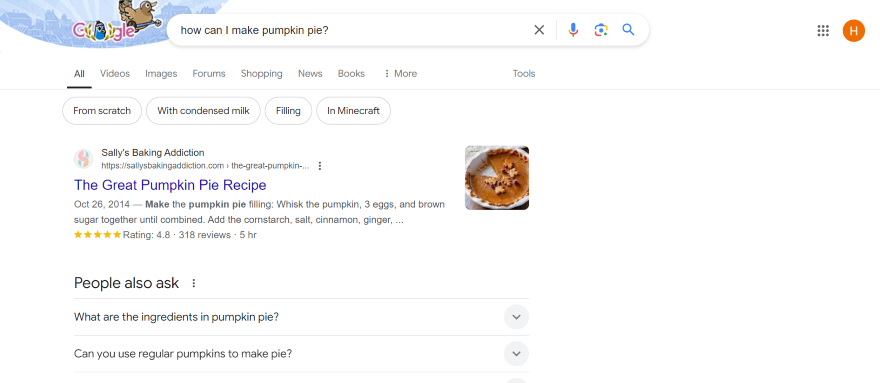Informational Query Google A Google search results page featuring recipe results for "how can I make pumpkin pie."