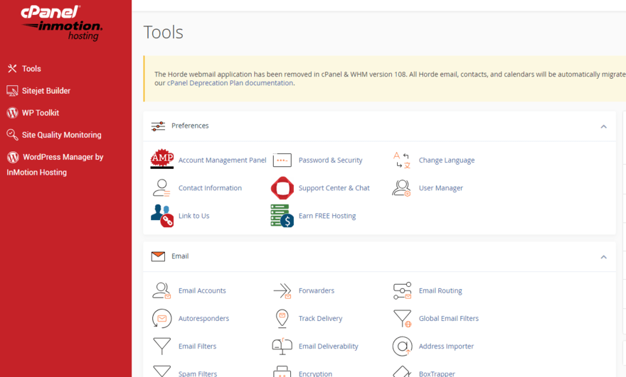 InMotion cPanel InMotion's cPanel dashboard