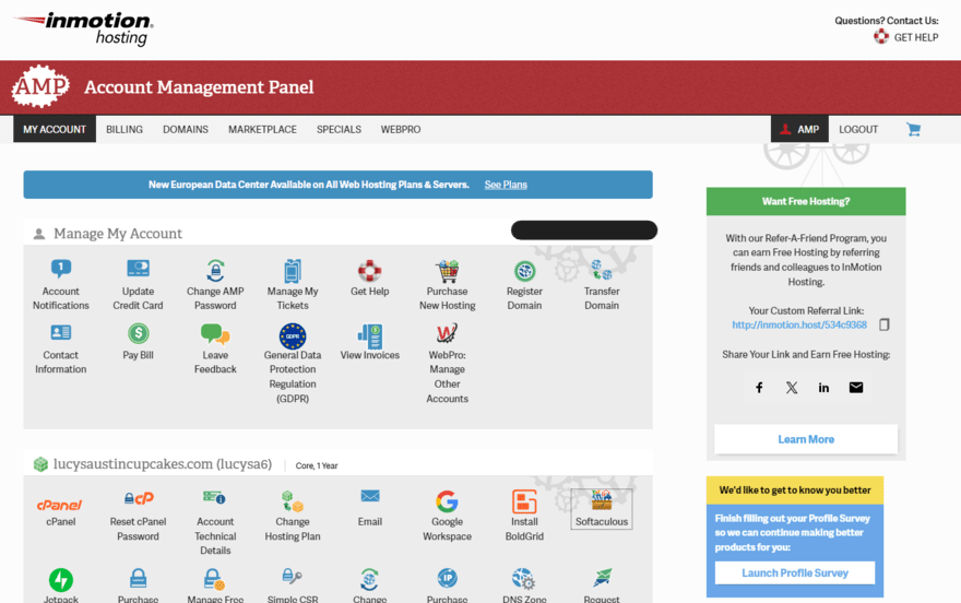 InMotion dashboard Account Management Portal for InMotion hosting account