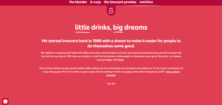 Innocent Smoothies Copy Example Screenshot of Innocent Smoothie's about page with a short description of their business