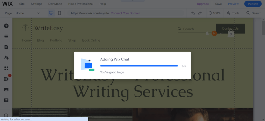 Installing Wix Chat app in editor Wix editor showing a progress bar for installing the Wix Chat app to a site