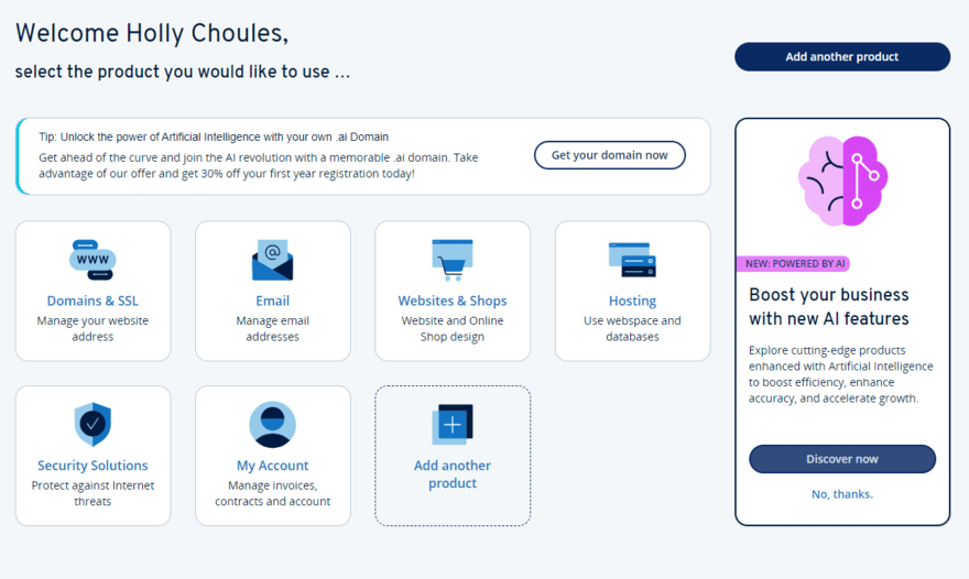 IONOS dashboard IONOS website hosting dashboard