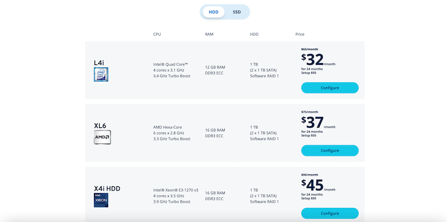 IONOS Dedicated Servers The IONOS dedicated server page, showing servers on the left with prices and blue CTA buttons on the right.