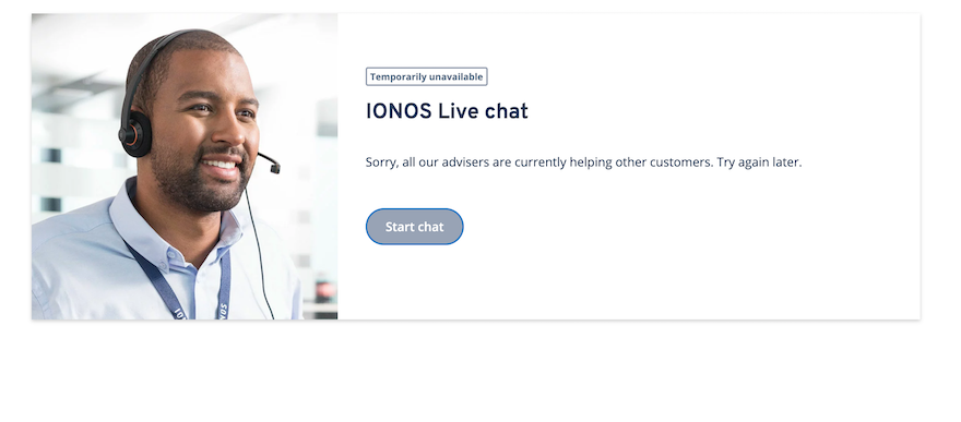 IONOS Live Chat The IONOS live chat page, with a message saying that the IONOS live chat is unavailable.