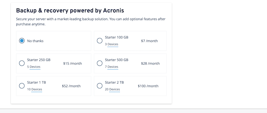 IONOS VPS Backup Costs IONOS backup and recovery options for VPS plans showing options that users can select alongside prices.