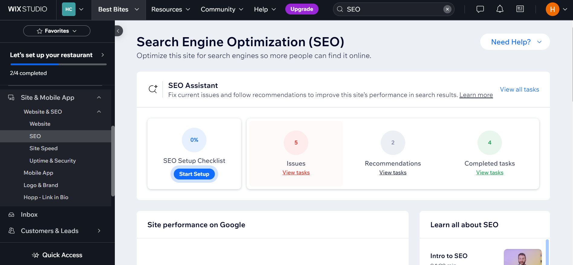 Is Wix Good for SEO SEO Review Screenshot of Wix Dashboard highlighting SEO Assistant and Search Engine Optimization features.
