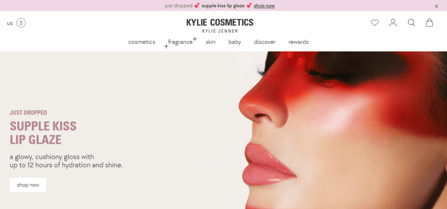 Kylie Cosmetics Kylie Cosmetics website featuring a banner image of Kylie Jenner to showcase the lip products