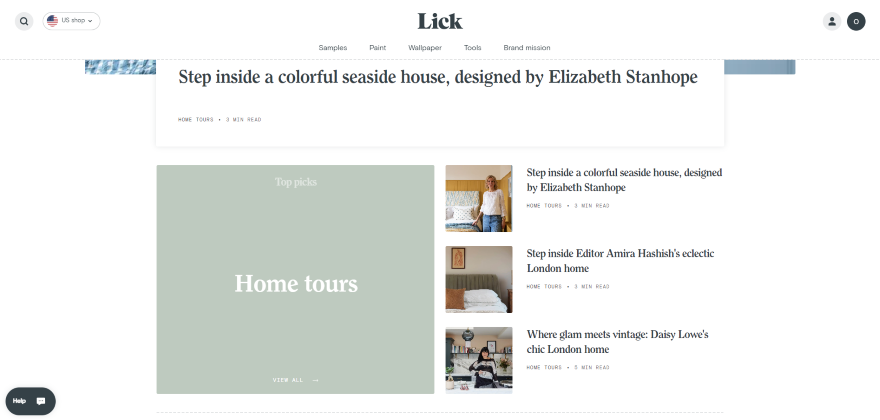 Lick Paint Brand Blogs Screenshot of Lick Paint's blog page featuring articles on different home tours
