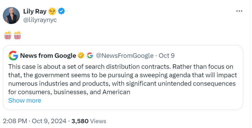 Lily Ray X post Post on X by Lily Ray reacting to Google's post about the DOJ proposal