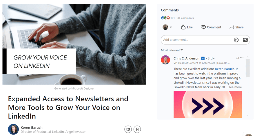 LinkedIn newsletter LinkedIn newsletter showing a cover image and sidebar for comments